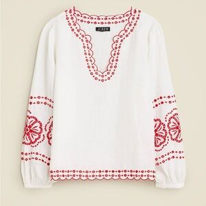 J. Crew White and Red Embroidered Top